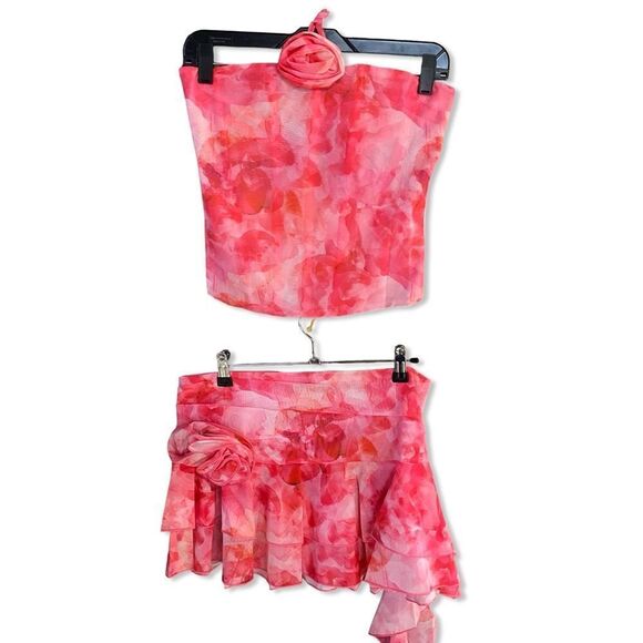 NWT SUPERDOWN Mila Corset Set Pink print mesh mini dress top skirt Revolve M - Picture 4 of 14